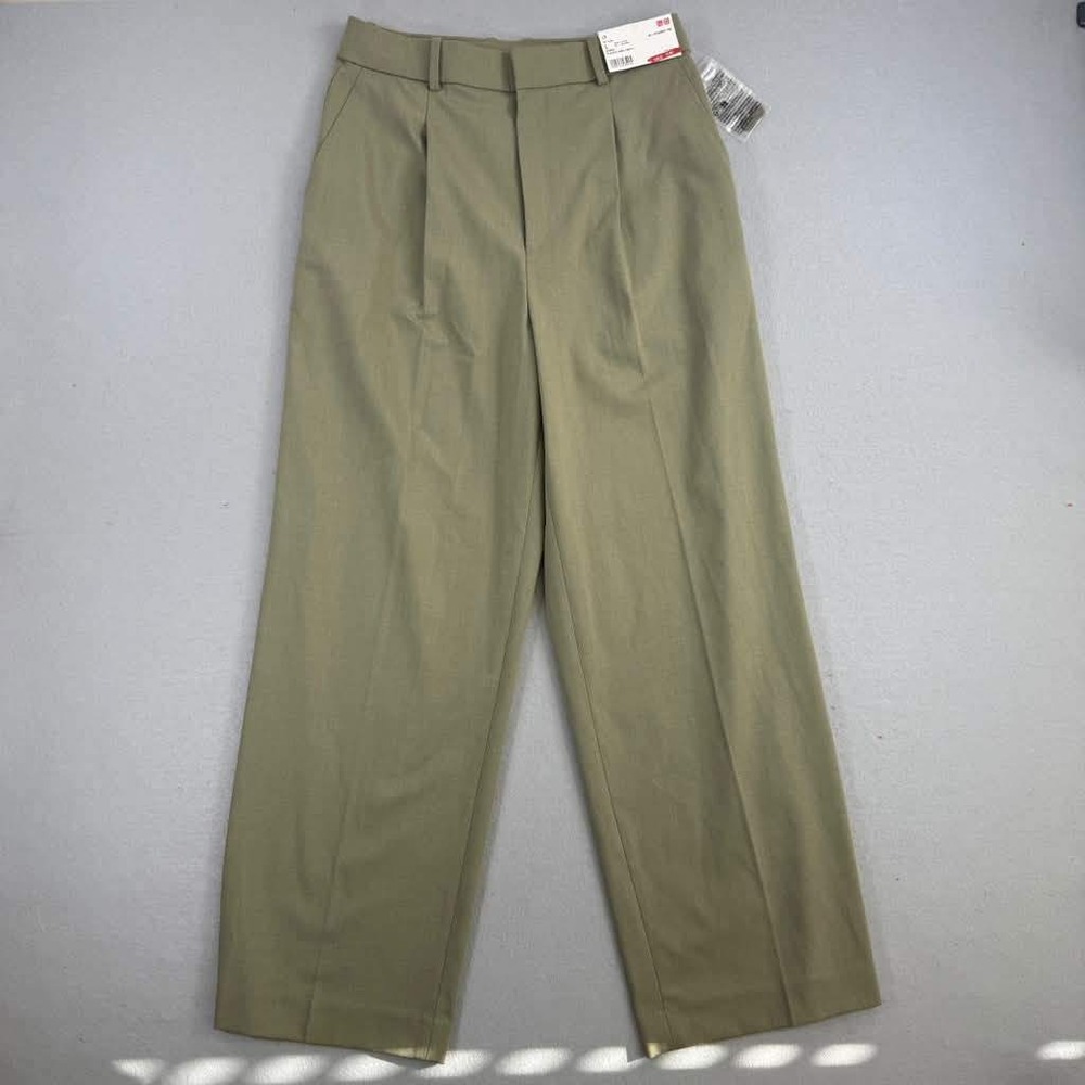 Uniqlo Pleated Wide Pants Women Large Olive Green Trousers Dress Office Relaxed